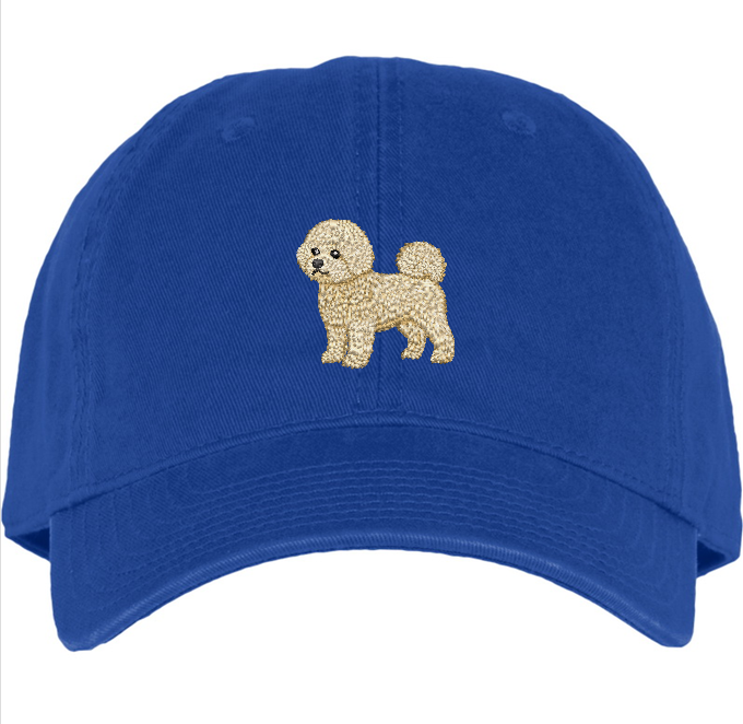 bichon frise embroidery on a Royal Blue cotton hat