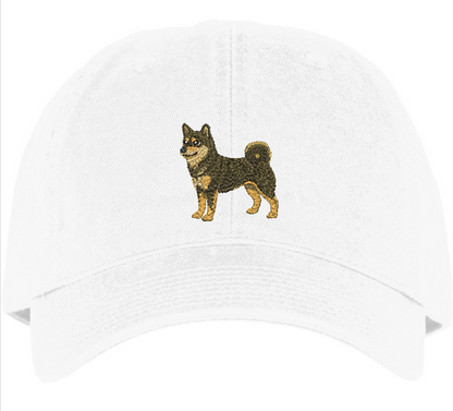 Black and tan Shiba embroidery on a white cotton hat