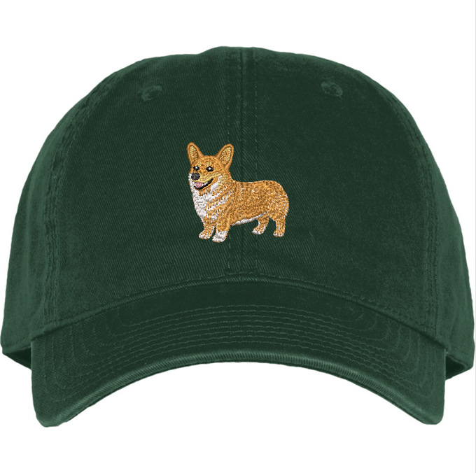 corgi embroidery on a Forest Green cotton hat