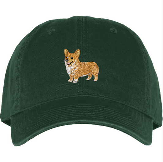 corgi embroidery on a Forest Green cotton hat