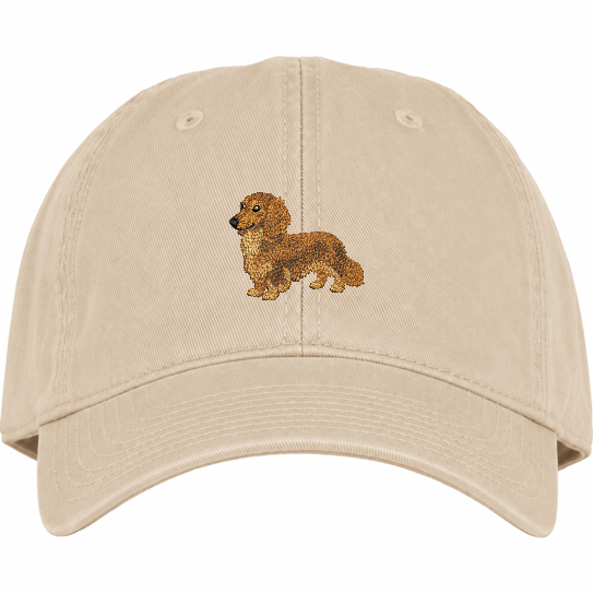 long haired dachshund embroidery on a Beige cotton hat