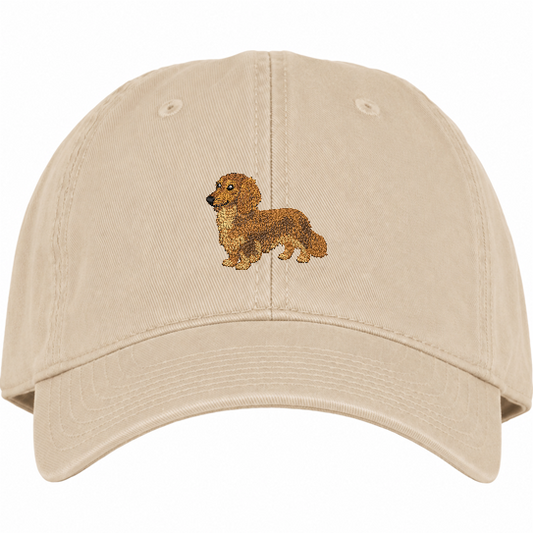 long haired dachshund embroidery on a Beige cotton hat
