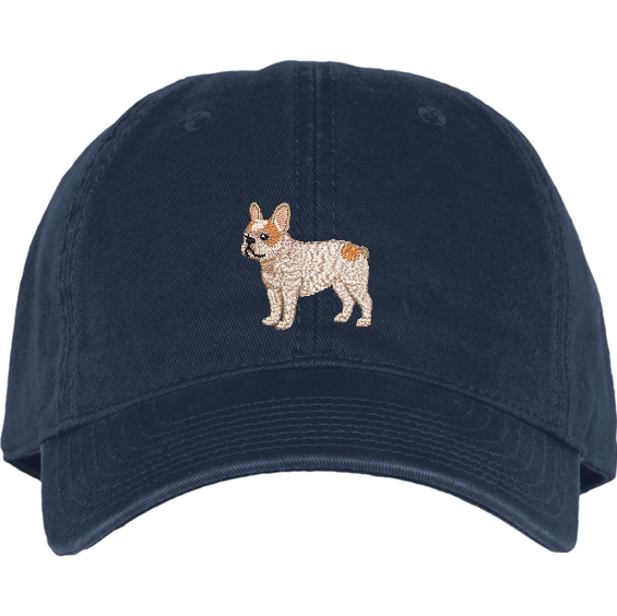 pied frenchie embroidery on a Navy cotton hat