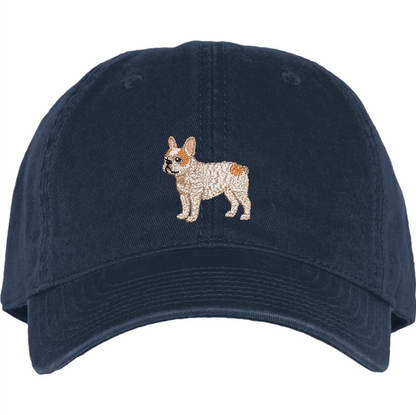 pied frenchie embroidery on a Navy cotton hat