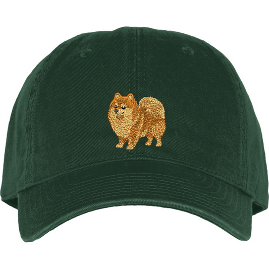 pomeranian embroidery on a Forest Green cotton hat