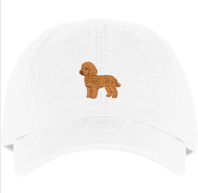 red poodle embroidery on a White cotton hat